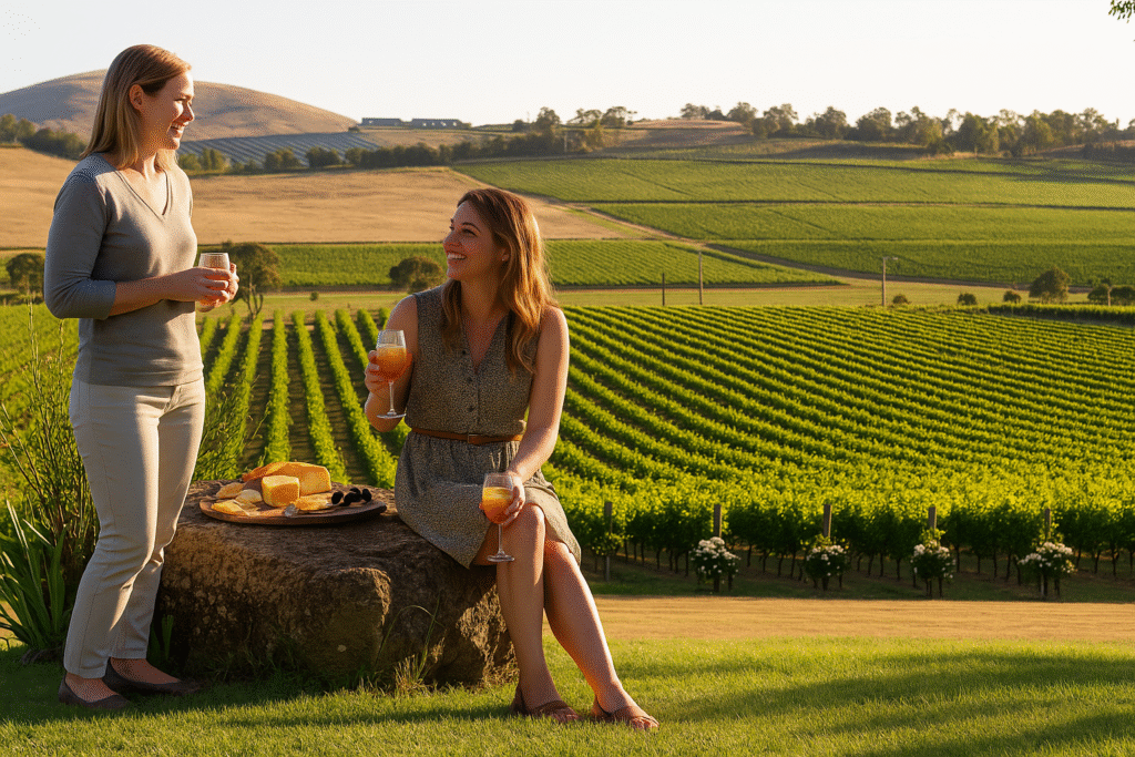 Winery Day Tours vineyard view | Adelaide Hills wine tasting tour | Barossa Valley wine and food experience | McLaren Vale coastal vineyard | Yarra Valley winery day trip | Mornington Peninsula vineyard lunch | Small group wine tasting tour | Luxury winery tour experience | Couples enjoying wine at vineyard | Corporate winery event tour