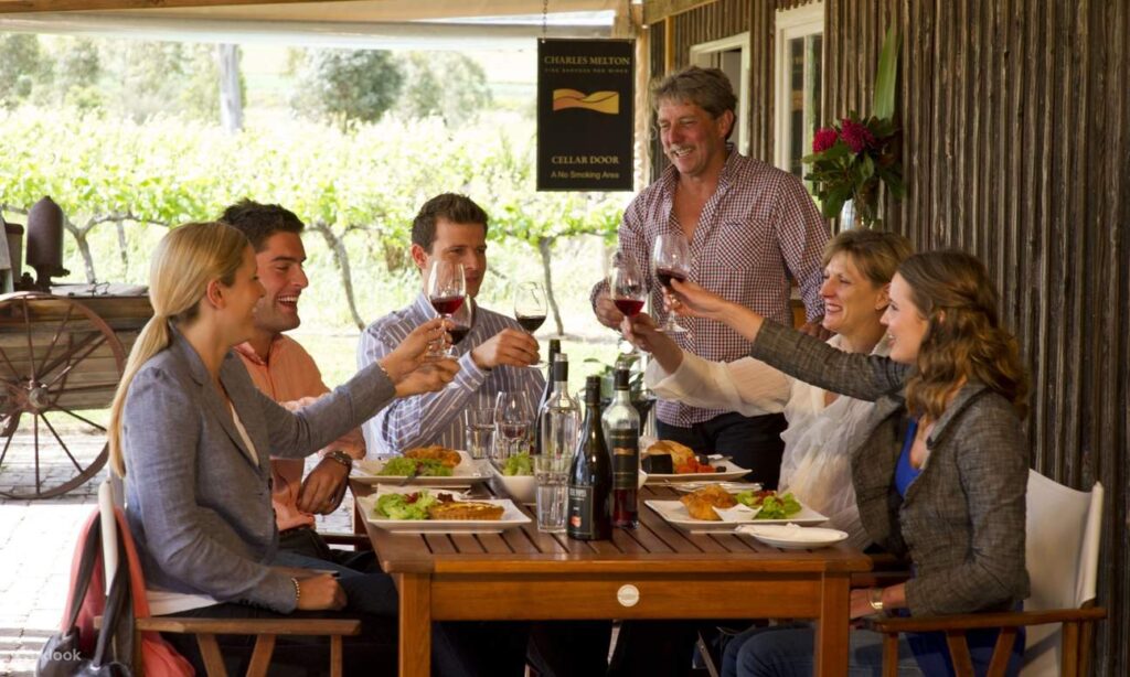 Winery Day Tours vineyard view | Adelaide Hills wine tasting tour | Barossa Valley wine and food experience | McLaren Vale coastal vineyard | Yarra Valley winery day trip | Mornington Peninsula vineyard lunch | Small group wine tasting tour | Luxury winery tour experience | Couples enjoying wine at vineyard | Corporate winery event tour