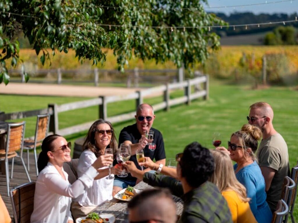 Winery Day Tours vineyard view | Adelaide Hills wine tasting tour | Barossa Valley wine and food experience | McLaren Vale coastal vineyard | Yarra Valley winery day trip | Mornington Peninsula vineyard lunch | Small group wine tasting tour | Luxury winery tour experience | Couples enjoying wine at vineyard | Corporate winery event tour